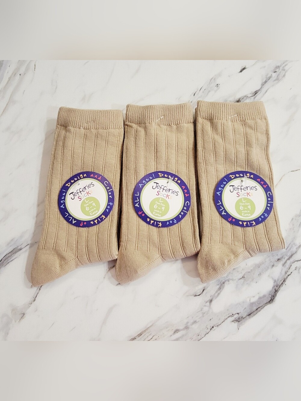 Jefferies Socks Kids Ribbed Crew Socks in Beige - Set of 3